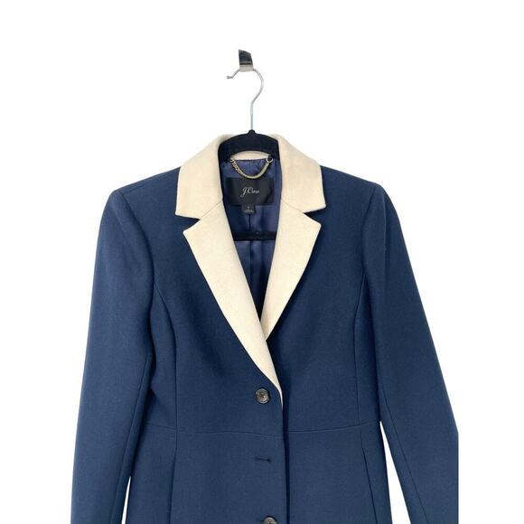 J. Crew Navy Blue Topcoat with White Contrast Lapel in Double Serge Wool size 2 - Picture 5 of 13